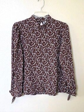LOFT Womens Brown Neutral Floral Printed Mock Neck Blouse Top - Size MP